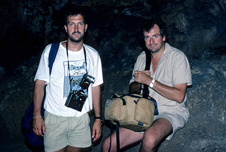 Mark with Douglas Adams in Robinson Crusoe’s cave on the Juan Fernandez Islands, >during the first Last Chance to See