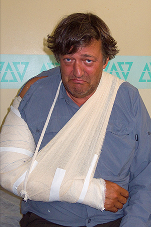 Stephen Fry with a broken arm during the making of Last Chance to See